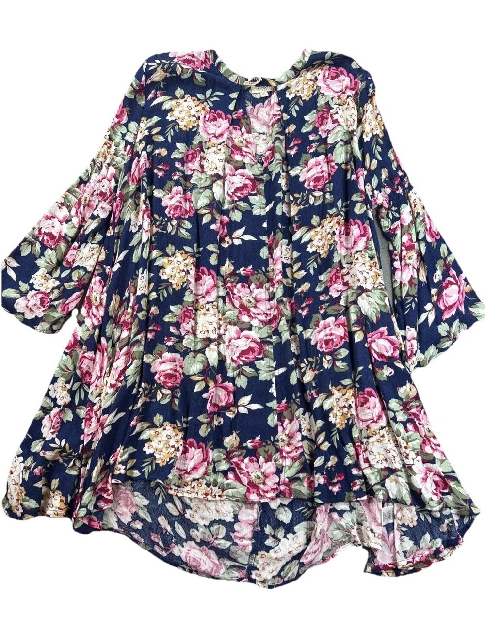 Umgee Size M Tunic Dress Navy Floral Keyhole Front Flare Sleeve Boho Short